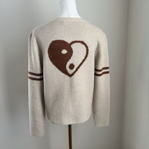 Chaser S Yin Yang Heart Back Graphic Cardigan Cream Brown Varsity Stripe